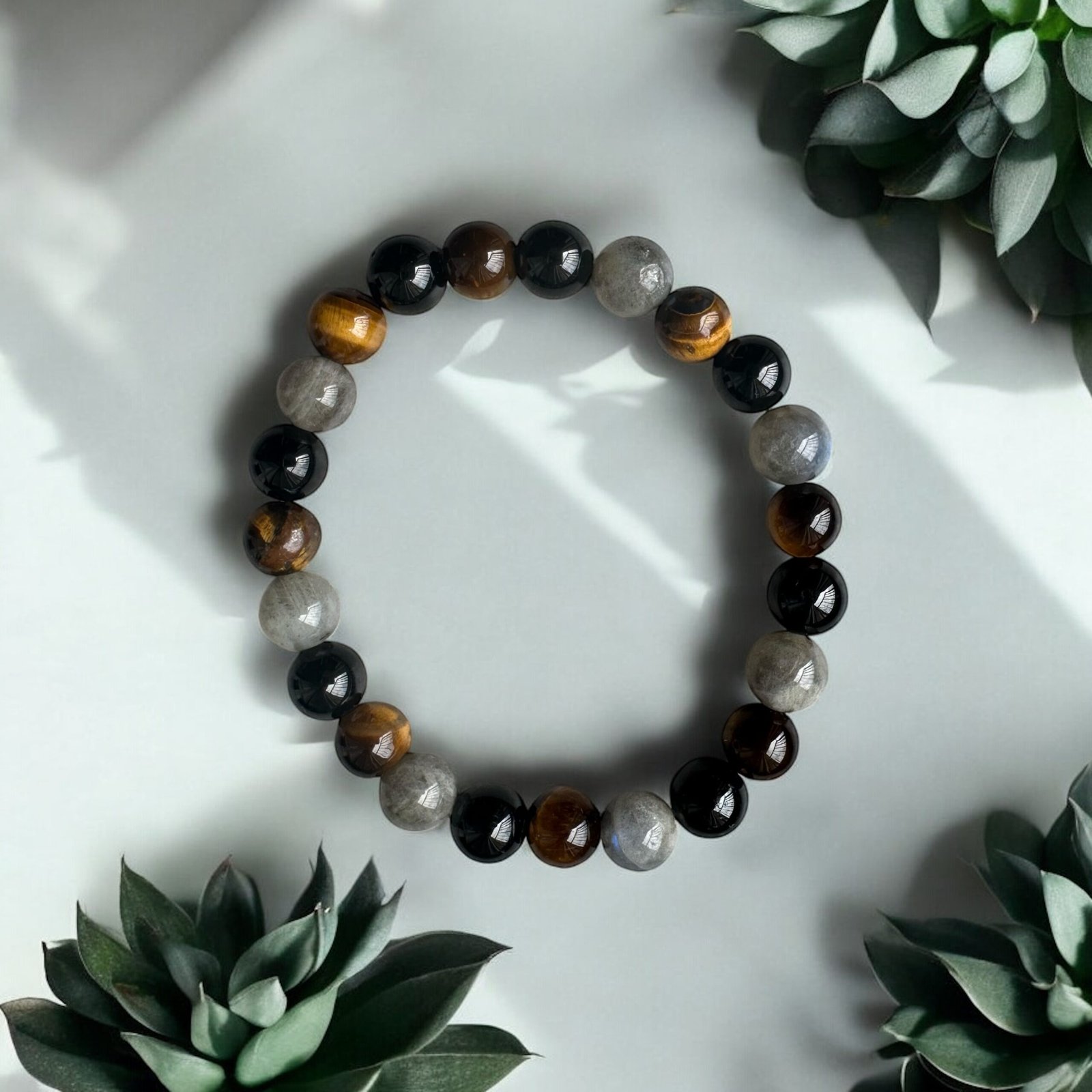 Bracelet Triple Protection – Œil de Tigre, Onyx & Labradorite